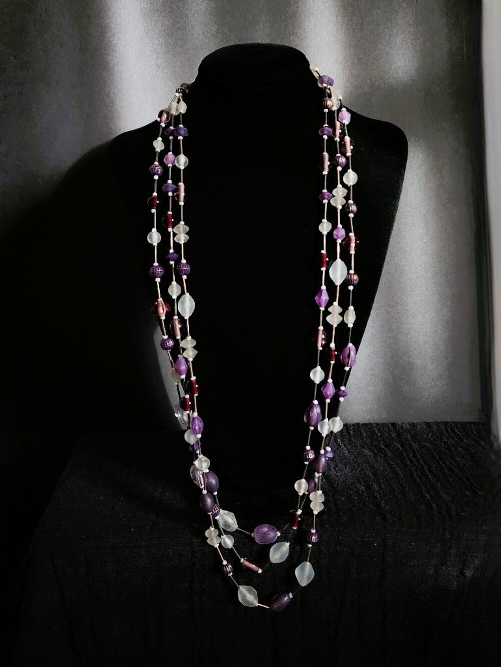Vintage 80s Purple & White Frosted Glass Triple Strand Opera Necklace 34"